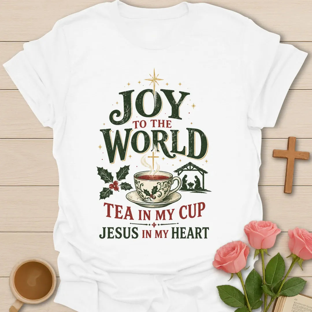 Joy To The World Christian Christmas T-shirt with teacup cross nativity and holly - White