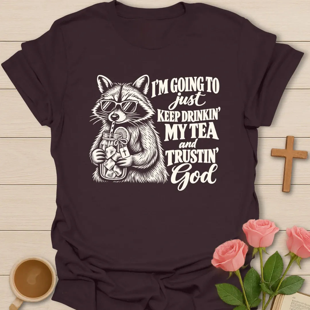 Keep Drinkin' funny Christian t-shirt with playful faith-inspired tea lettering design - Dark Chocolate
