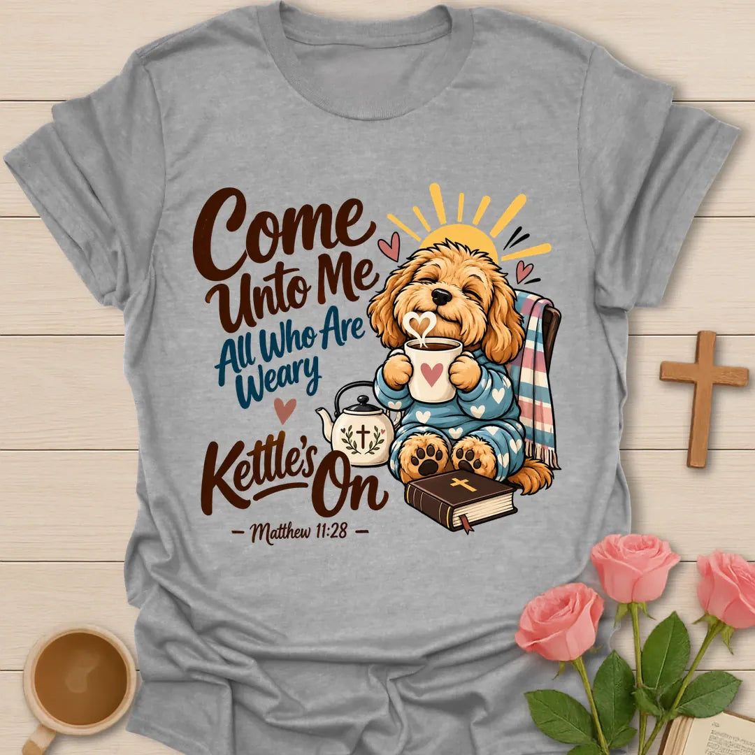 Kettles On t-shirt with kettle lettering and cozy tea faith design - Sport Grey