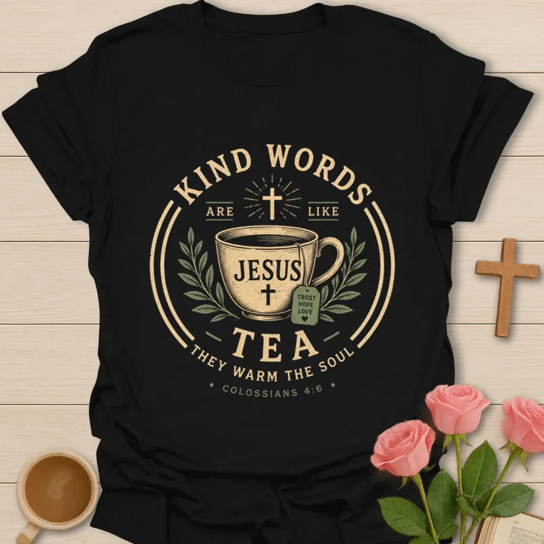 Kind Words Are Like Tea shirt with teacup, Jesus text, tea bag, leaves, and Colossians 4:6 verse. - Black
