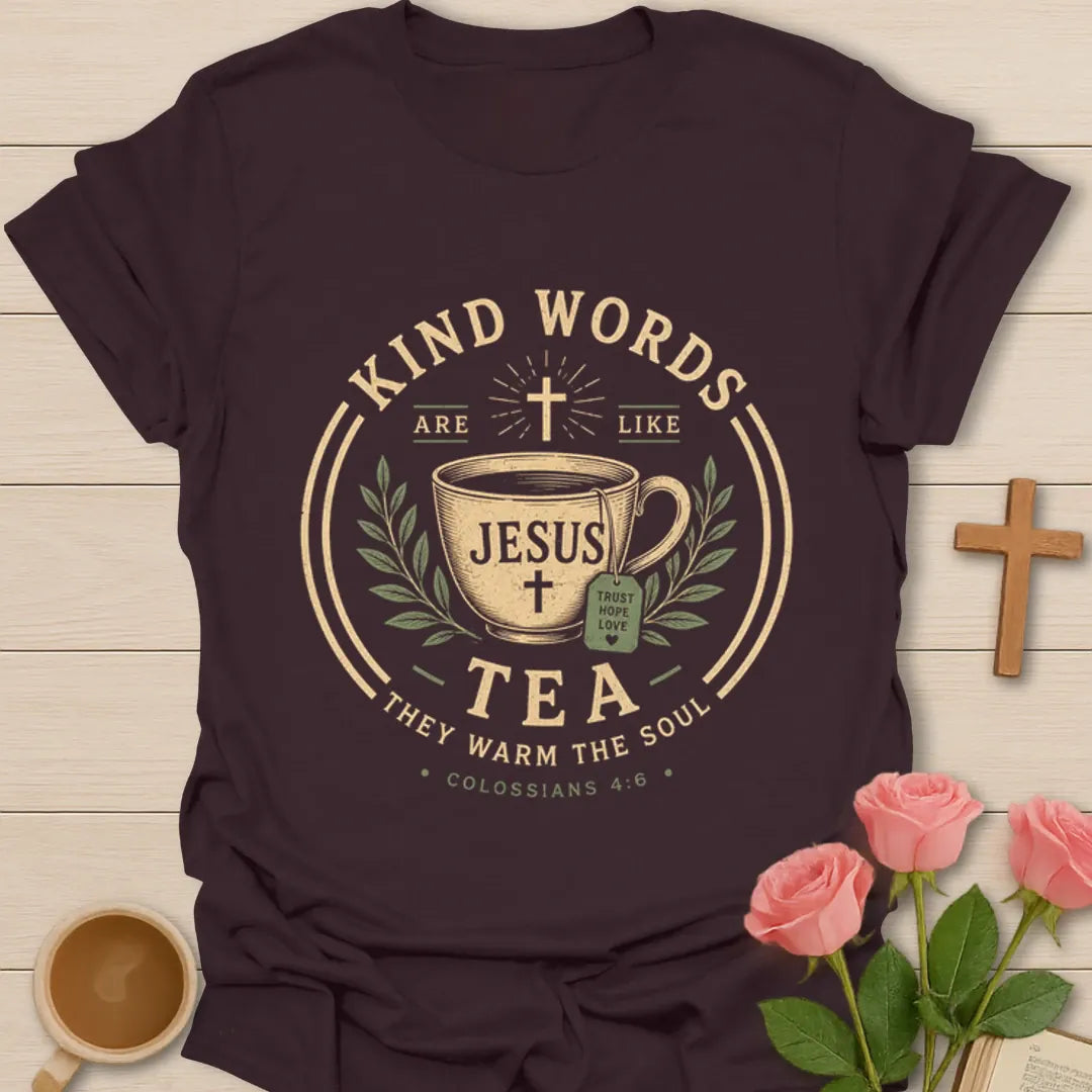 Kind Words Are Like Tea shirt with teacup, Jesus text, tea bag, leaves, and Colossians 4:6 verse. - Dark Chocolate