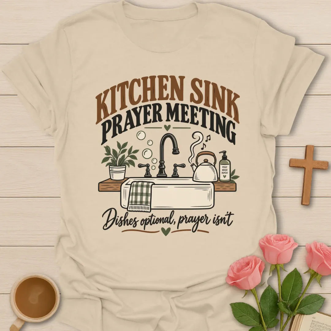Kitchen Sink Prayer Meeting funny Christian t-shirt with playful lettering - Sand
