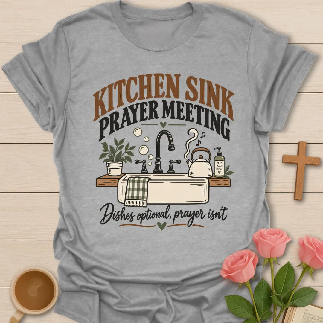 Kitchen Sink Prayer Meeting funny Christian t-shirt with playful lettering - Sport Grey