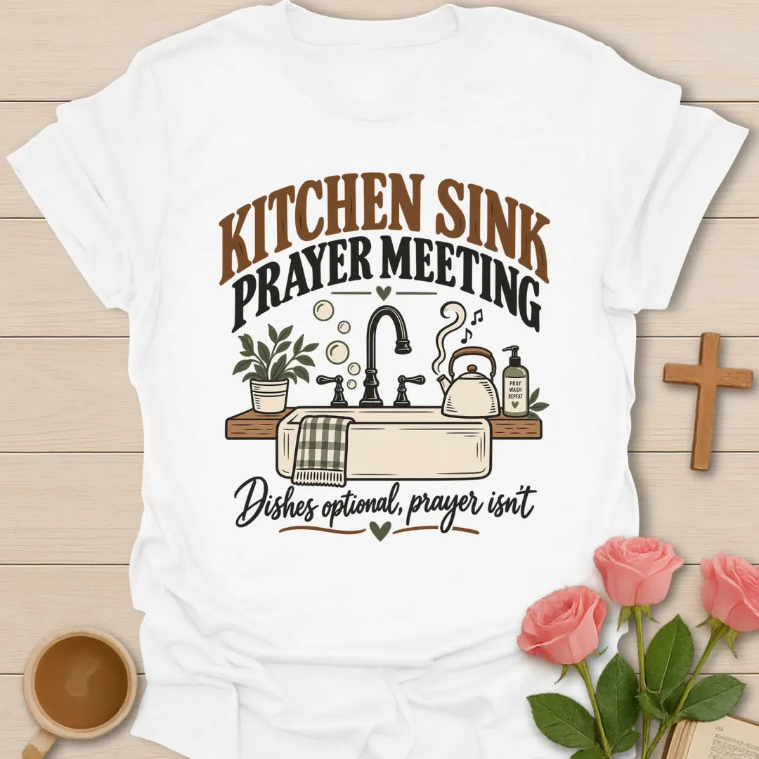 Kitchen Sink Prayer Meeting funny Christian t-shirt with playful lettering - White