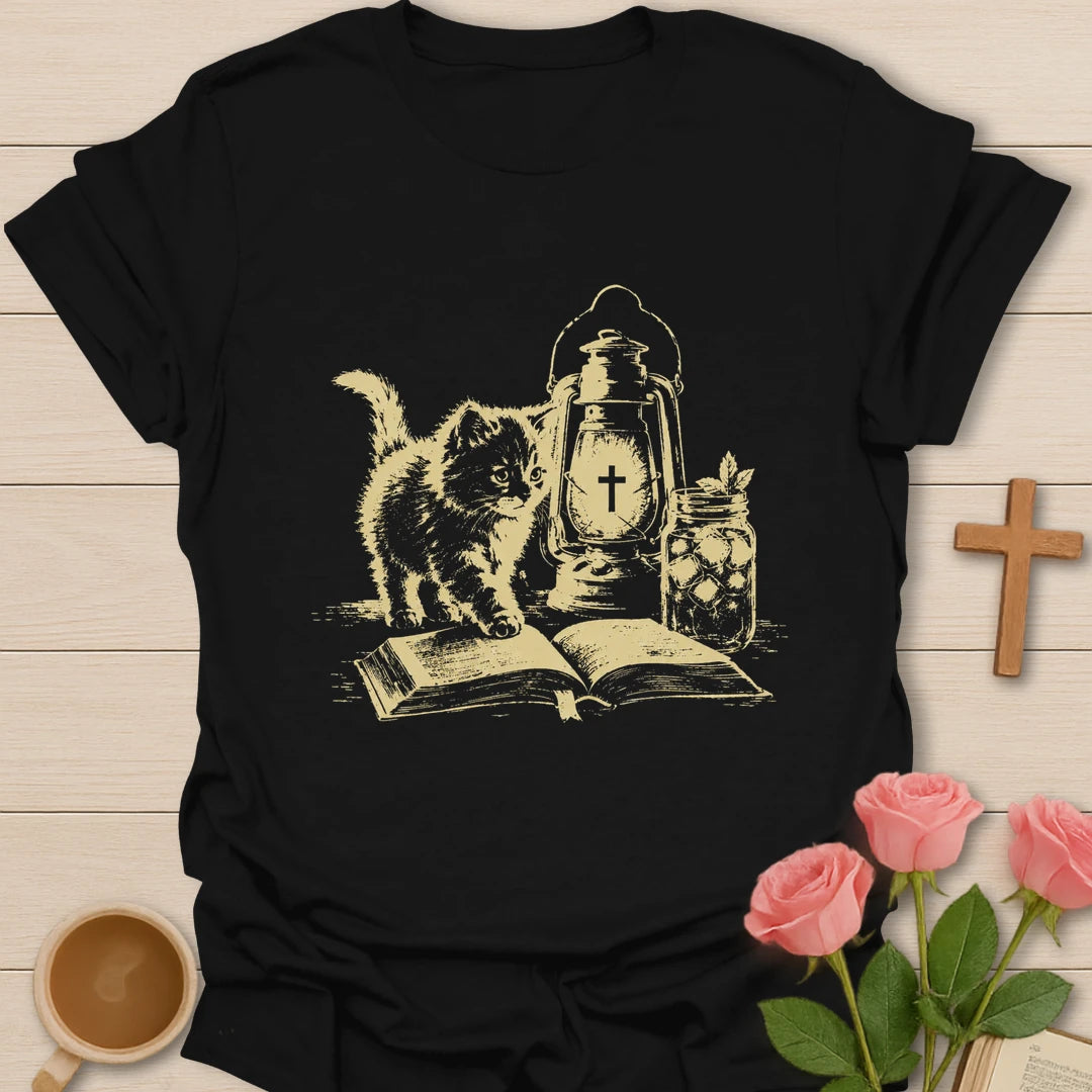 Kitty A Lamp Under My Feet shirt with cute kitty, Bible, and faith-inspired lettering. - Black