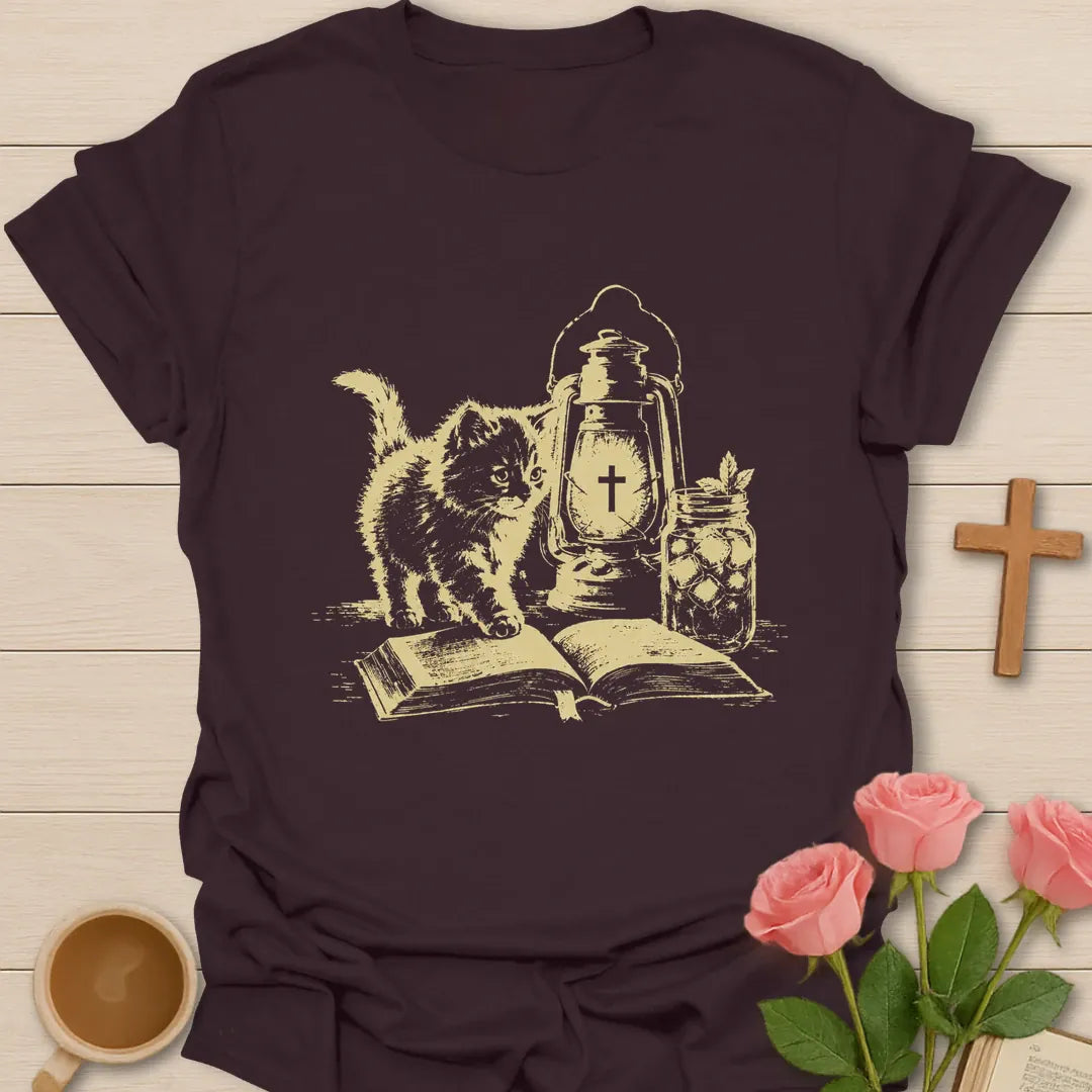 Kitty A Lamp Under My Feet shirt with cute kitty, Bible, and faith-inspired lettering. - Dark Chocolate