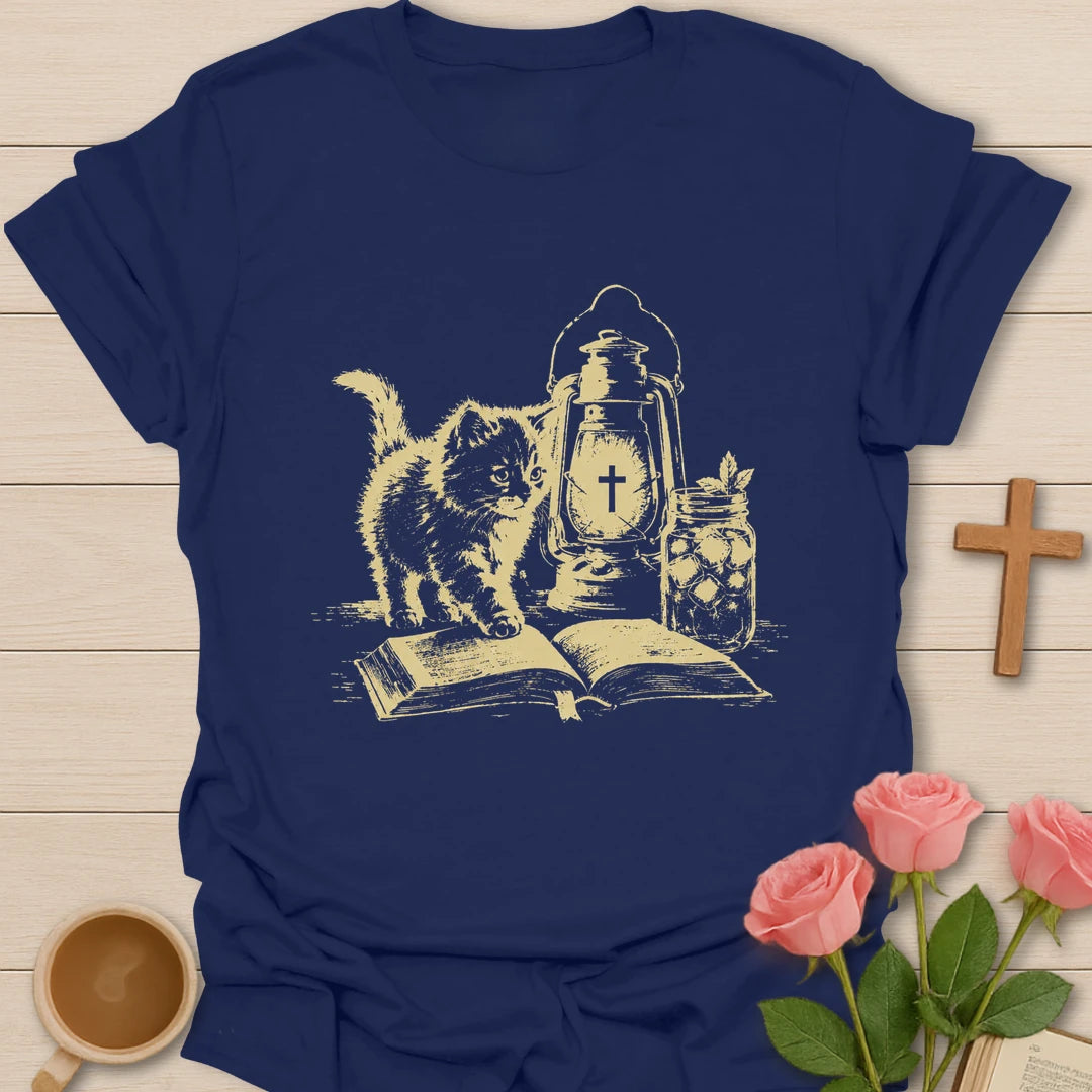 Kitty A Lamp Under My Feet shirt with cute kitty, Bible, and faith-inspired lettering. - Navy