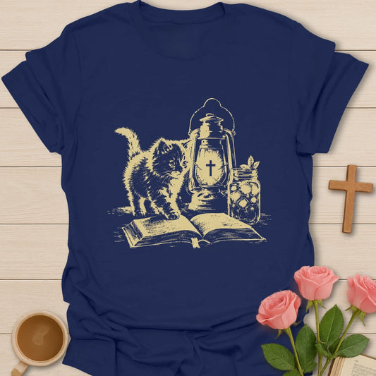 Kitty A Lamp Under My Feet shirt with cute kitty, Bible, and faith-inspired lettering. - Navy