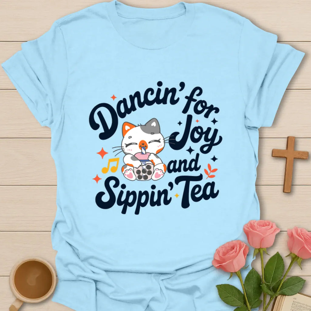 Kitty Dancin For Joy shirt with cute cat drinking bubble tea, music notes, stars, and retro lettering. - Light Blue