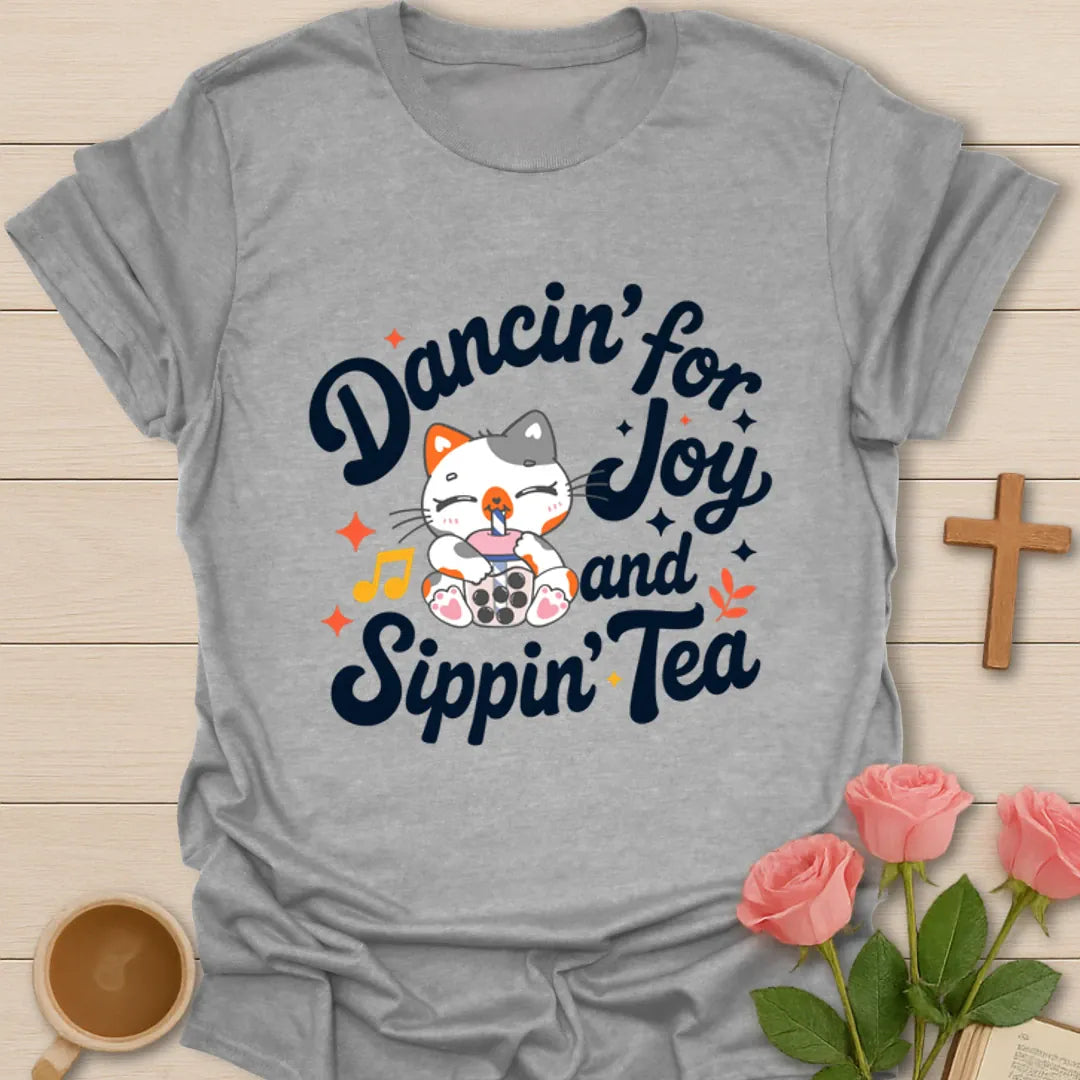 Kitty Dancin For Joy shirt with cute cat drinking bubble tea, music notes, stars, and retro lettering. - Sport Grey