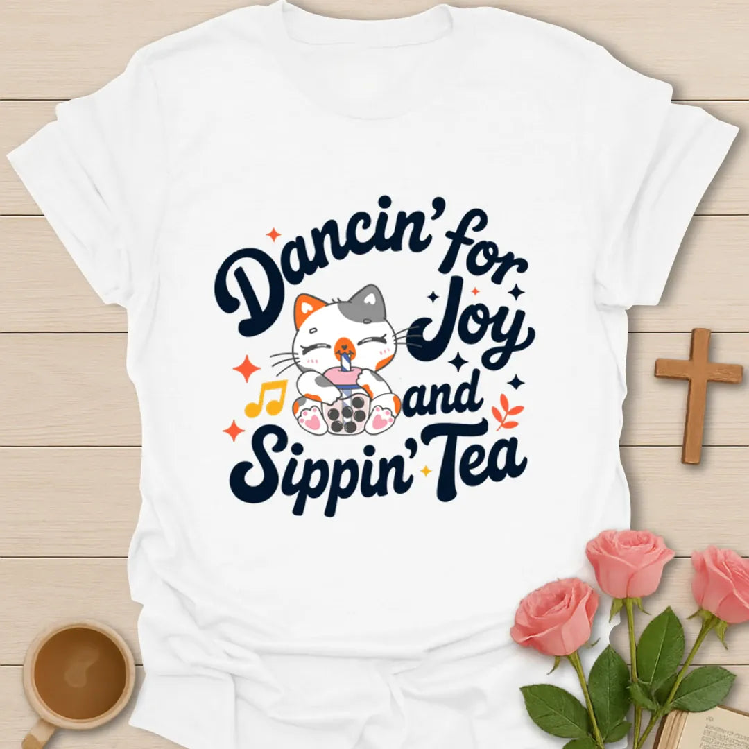 Kitty Dancin For Joy shirt with cute cat drinking bubble tea, music notes, stars, and retro lettering. - White