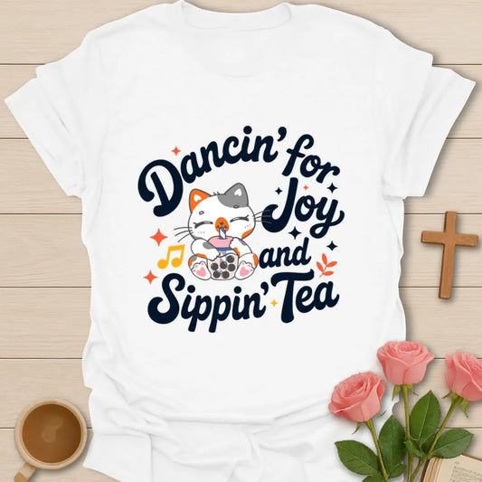 Kitty Dancin For Joy shirt with cute cat drinking bubble tea, music notes, stars, and retro lettering. - White