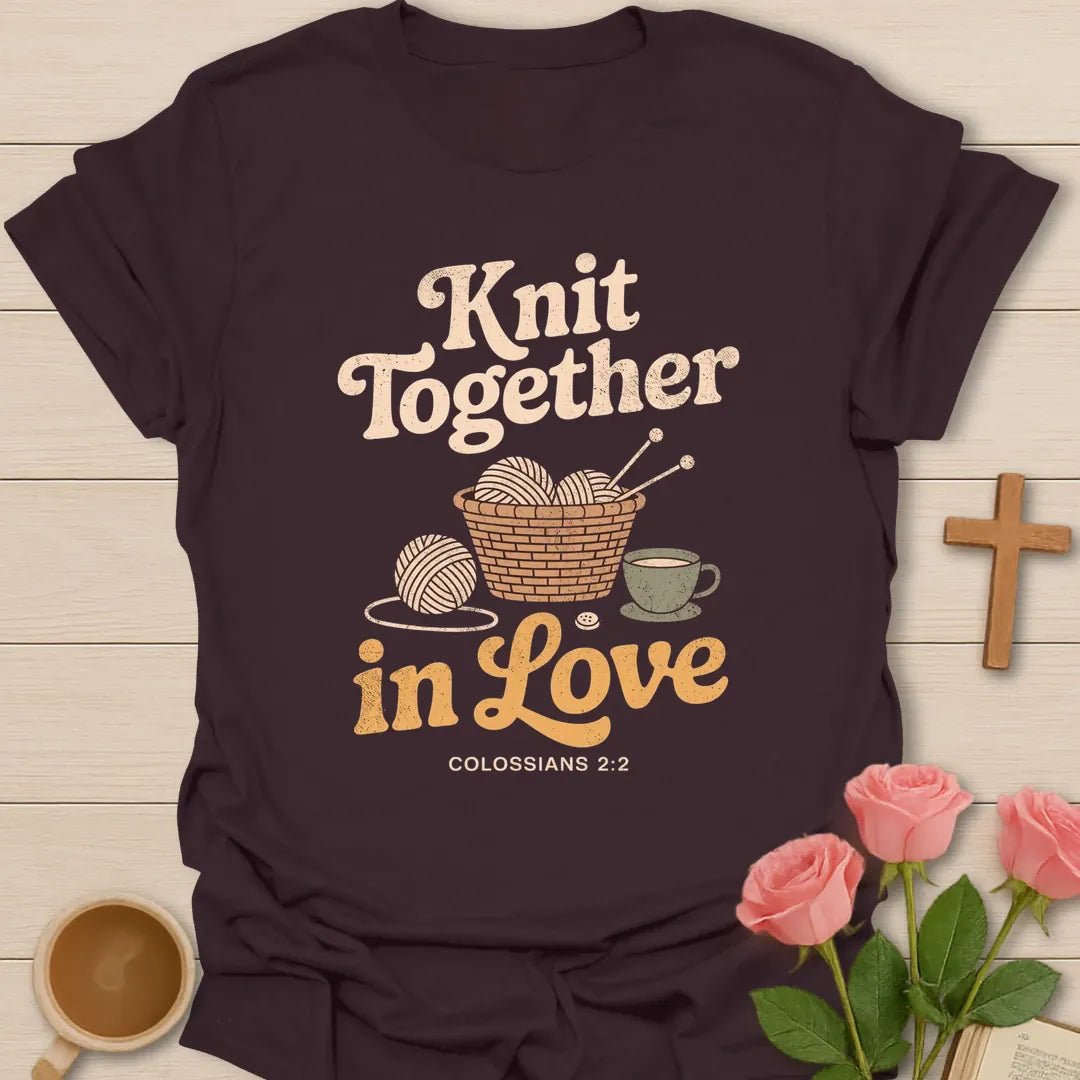 Knit Together in Love Christian t-shirt with a basket of yarn, knitting needles, a teacup and Colossians 2:2 - Dark Chocolate