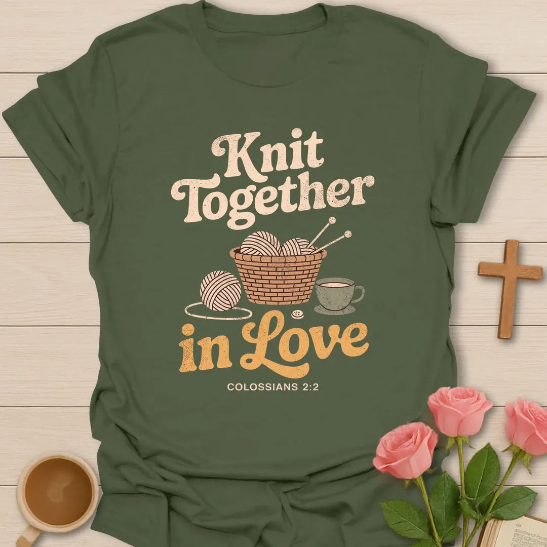 Knit Together in Love Christian t-shirt with a basket of yarn, knitting needles, a teacup and Colossians 2:2 - Military Green