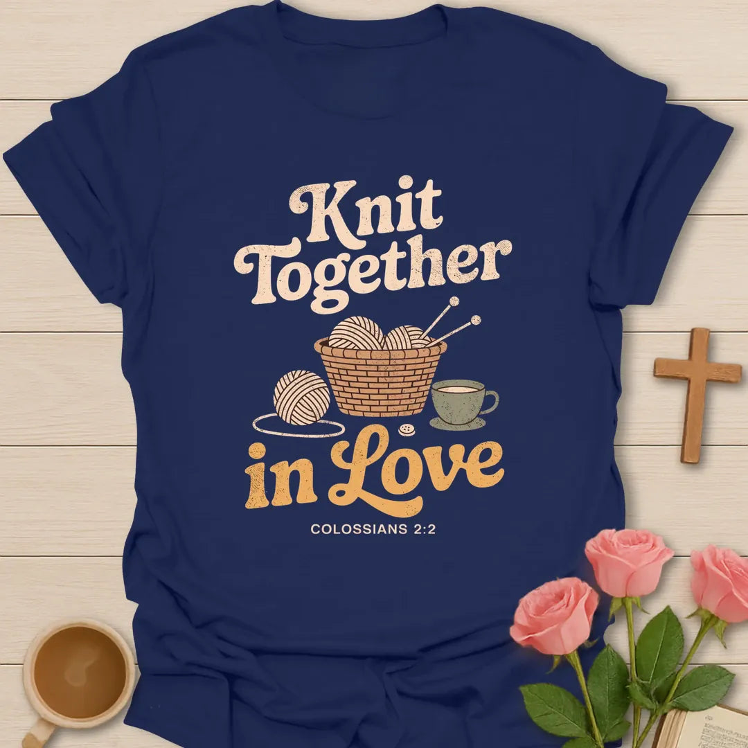 Knit Together in Love Christian t-shirt with a basket of yarn, knitting needles, a teacup and Colossians 2:2 - Navy