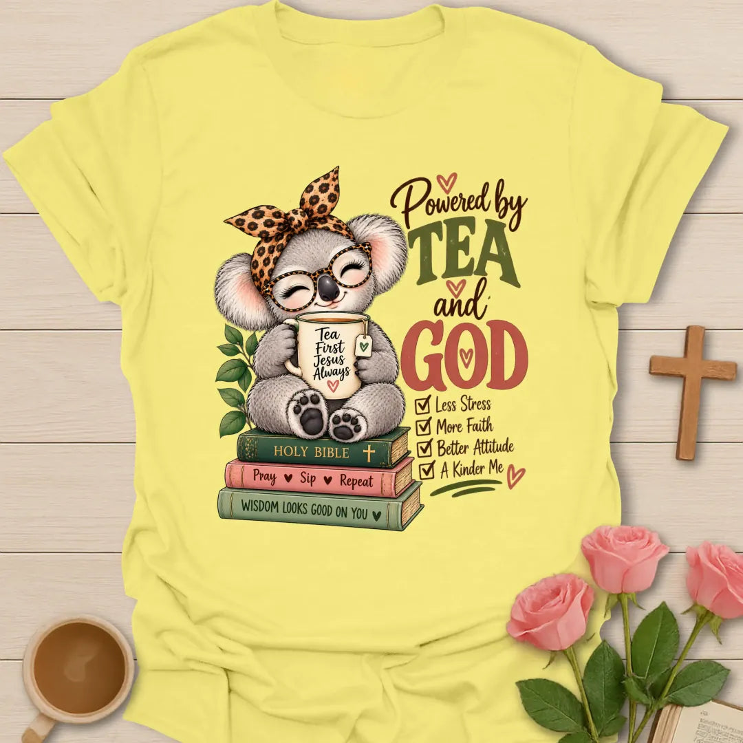 Koala Powered funny Christian t-shirt with playful koala and tea design - Cornsilk