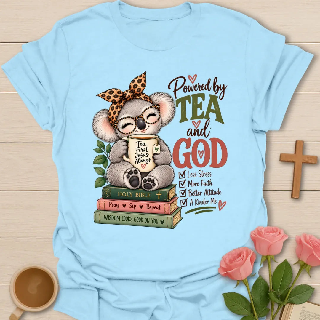 Koala Powered funny Christian t-shirt with playful koala and tea design - Light Blue