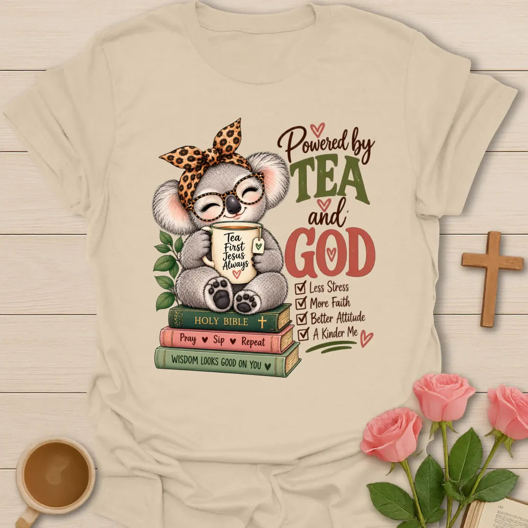 Koala Powered funny Christian t-shirt with playful koala and tea design - Sand