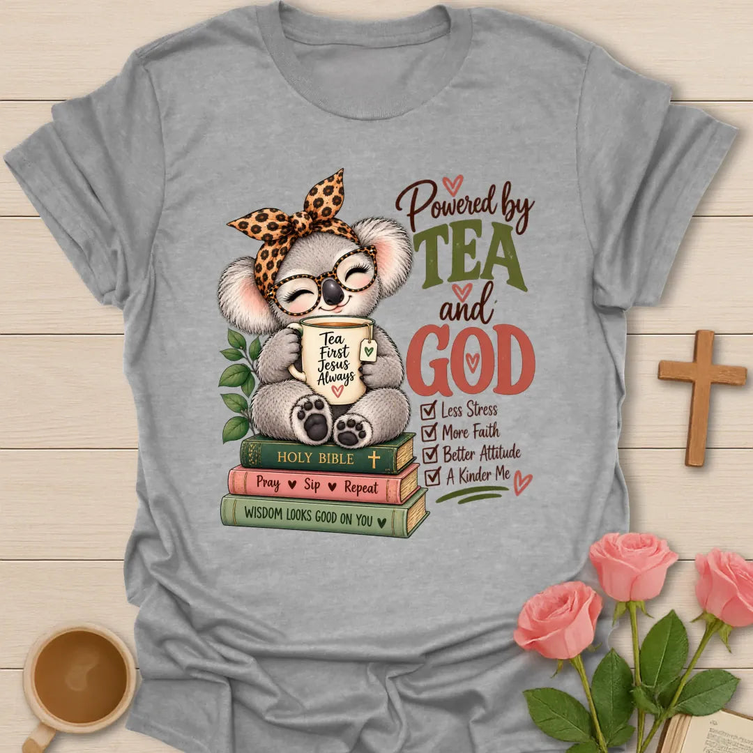 Koala Powered funny Christian t-shirt with playful koala and tea design - Sport Grey