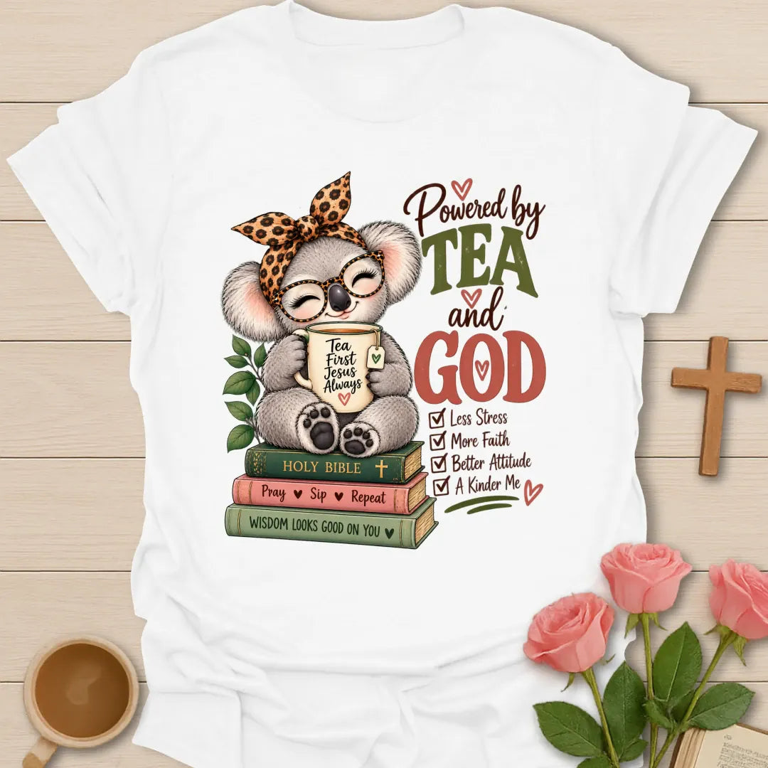 Koala Powered funny Christian t-shirt with playful koala and tea design - White