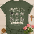 My Jesus and Tea Checklist Christian T-shirt with Bible teacup praying hands cross and Ready for the Day banner - Military Green