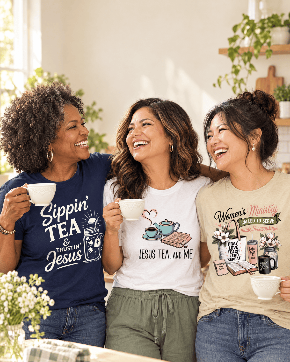 Three women friends of different backgrounds laughing over tea in KozzyCo faith and tea tees