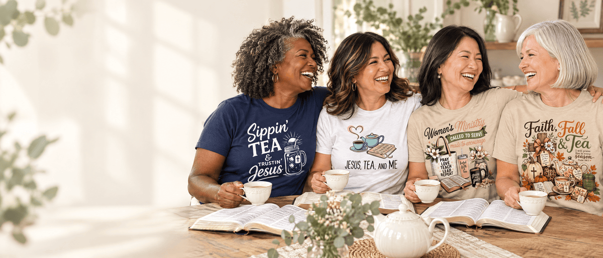 Four women friends of different backgrounds laughing over tea and Bibles in KozzyCo faith and tea tees