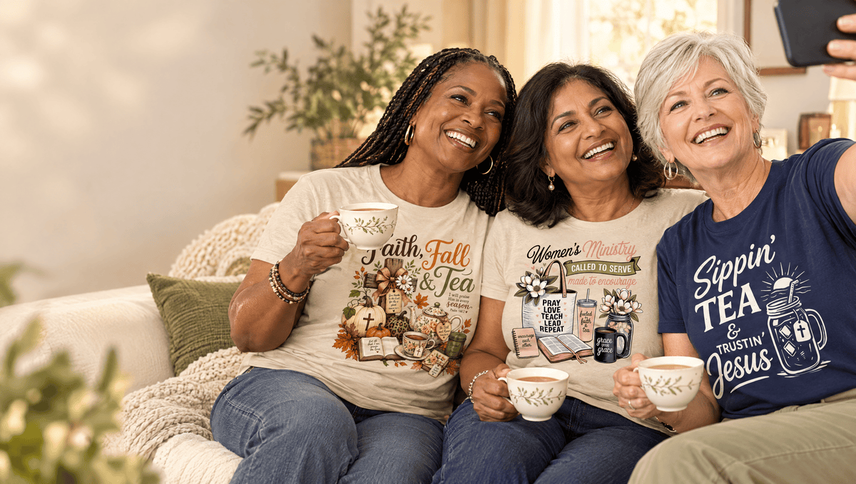 Three women friends taking a selfie with tea in KozzyCo Faith Fall and Tea, Women's Ministry, and Sippin Tea & Trustin Jesus tees