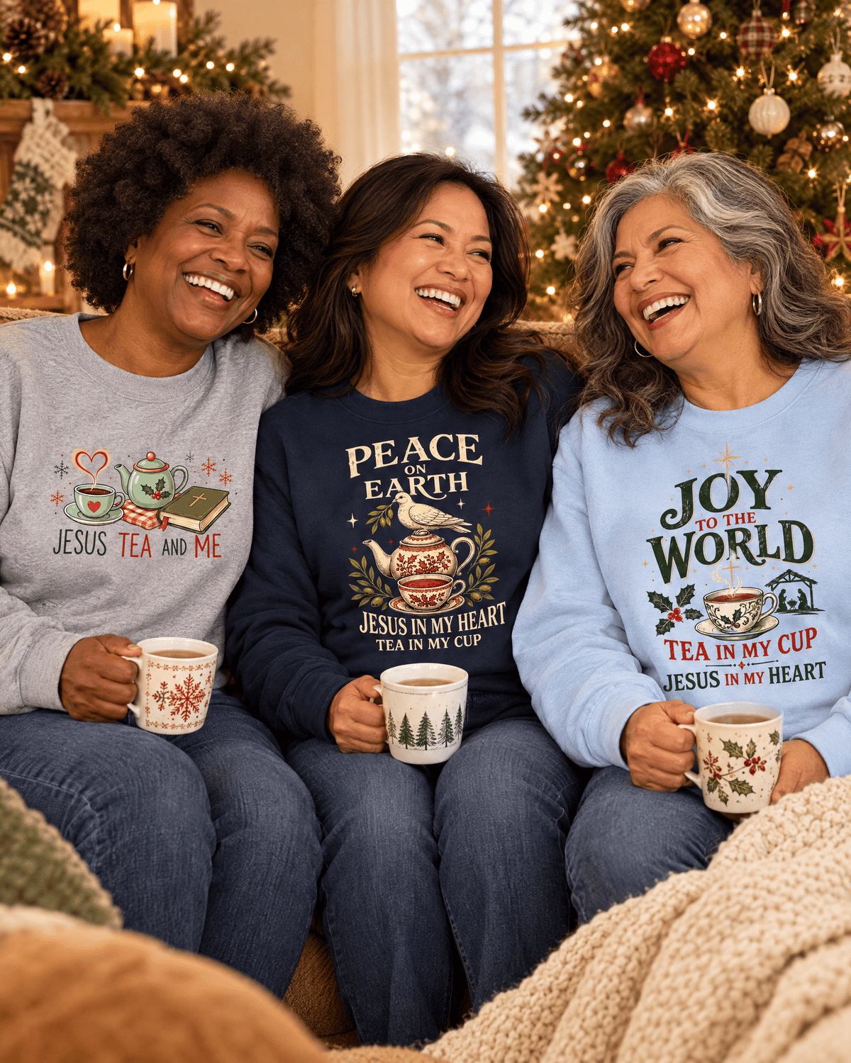 Three women friends by a Christmas tree in KozzyCo Christmas sweatshirts