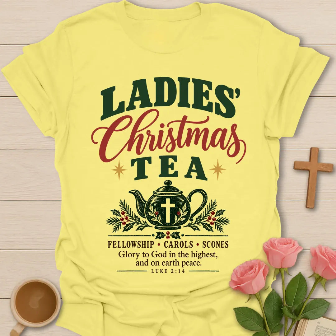 Ladies Christmas Tea Christian Christmas t-shirt with festive tea-inspired holiday design - Cornsilk
