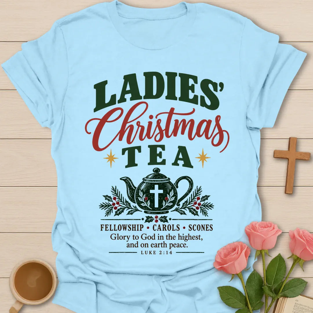 Ladies Christmas Tea Christian Christmas t-shirt with festive tea-inspired holiday design - Light Blue