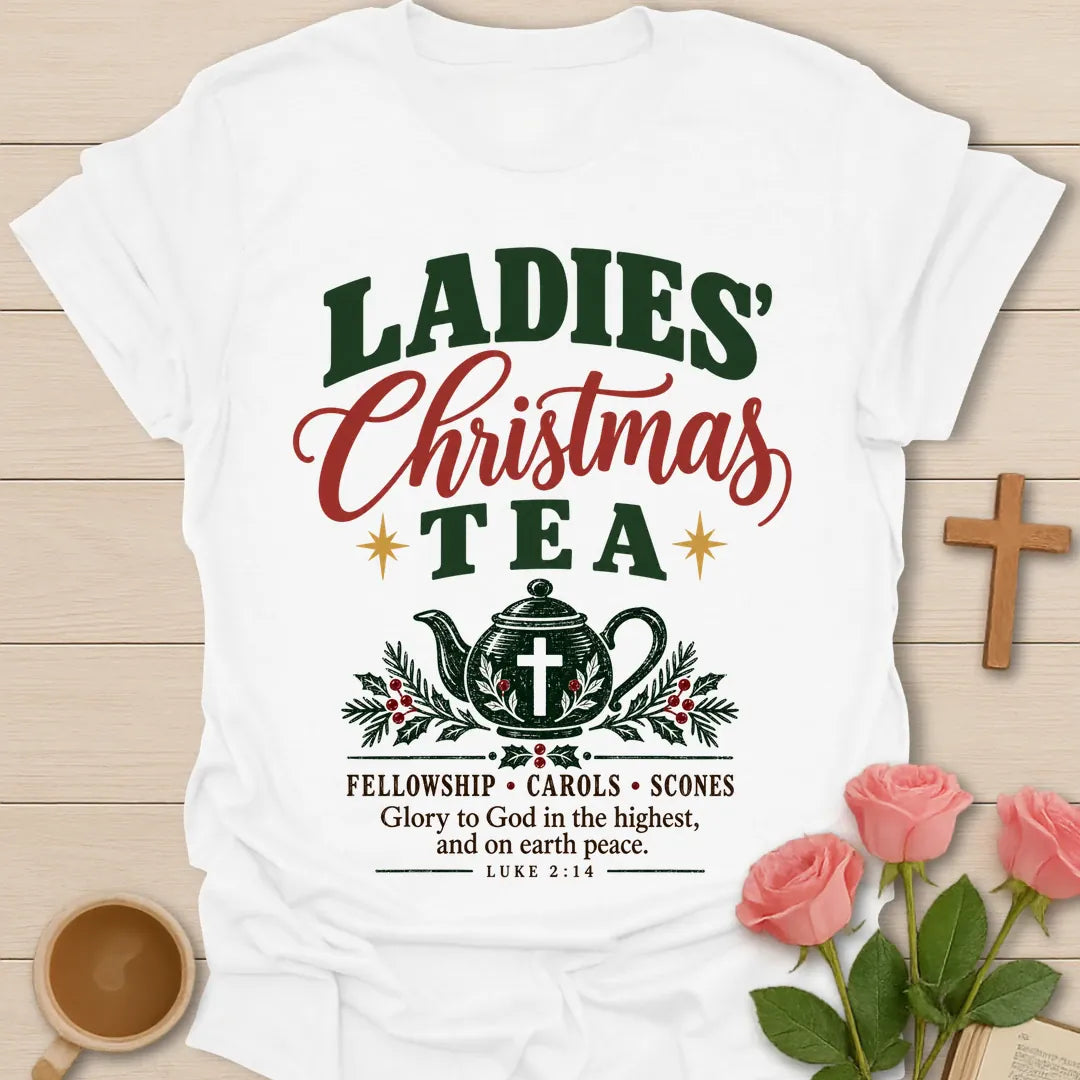 Ladies Christmas Tea Christian Christmas t-shirt with festive tea-inspired holiday design - White