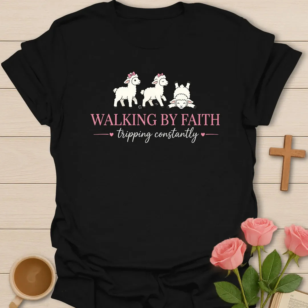 Walking By Faith Tripping Constantly shirt with three cute lambs, pink bows, hearts, and pink and white lettering. - Black