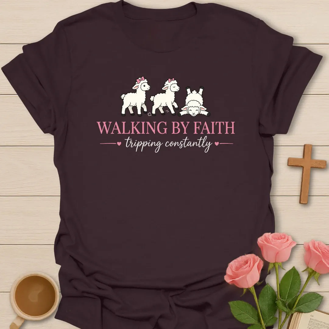Walking By Faith Tripping Constantly shirt with three cute lambs, pink bows, hearts, and pink and white lettering. - Dark Chocolate
