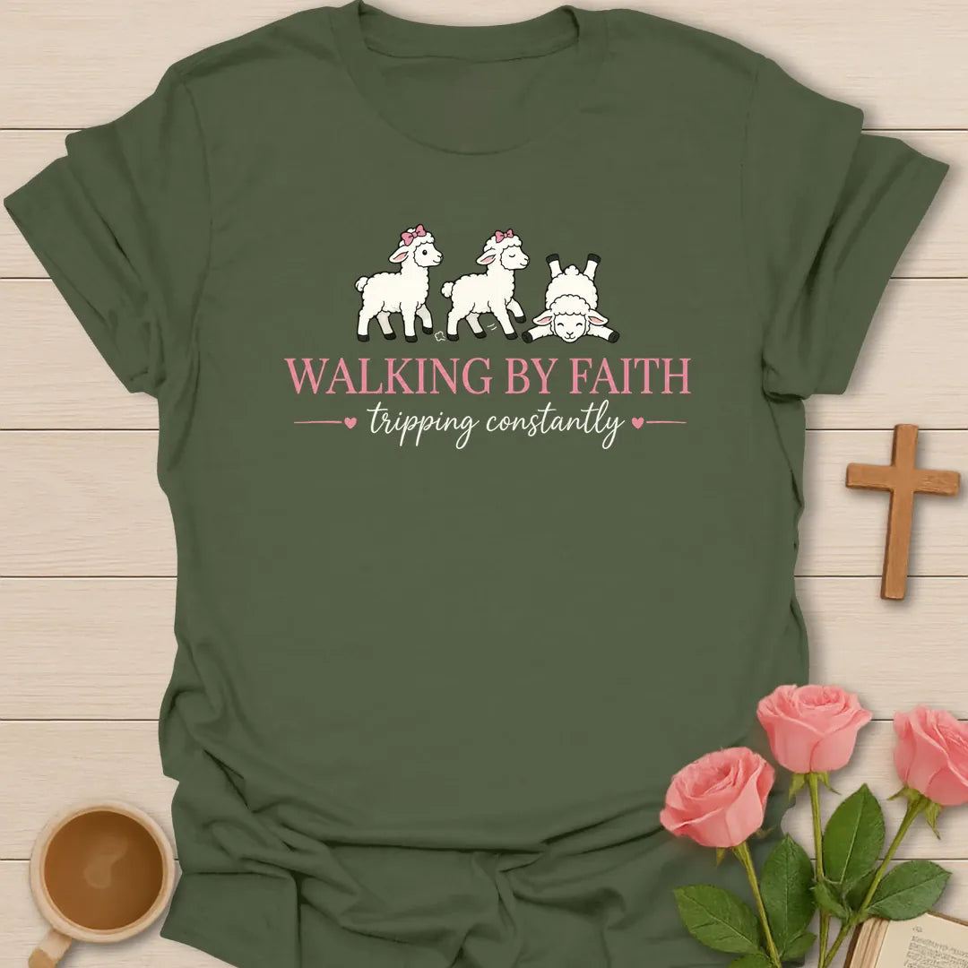 Walking By Faith Tripping Constantly shirt with three cute lambs, pink bows, hearts, and pink and white lettering. - Military Green
