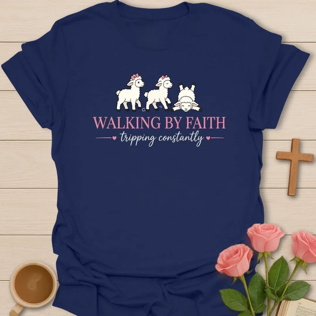Walking By Faith Tripping Constantly shirt with three cute lambs, pink bows, hearts, and pink and white lettering. - Navy