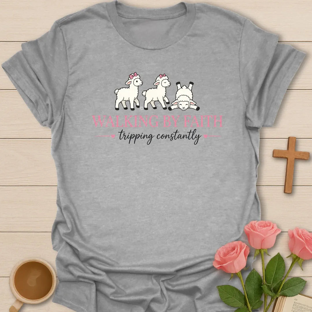 Walking By Faith Tripping Constantly shirt with three cute lambs, pink bows, hearts, and pink and white lettering. - Sport Grey