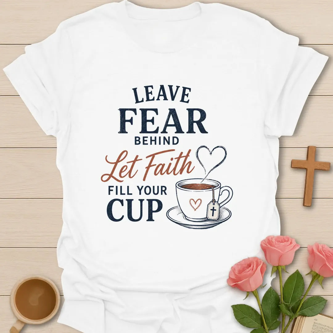 Leave Fear Behind Christian t-shirt with scripture lettering and faith-inspired design - White