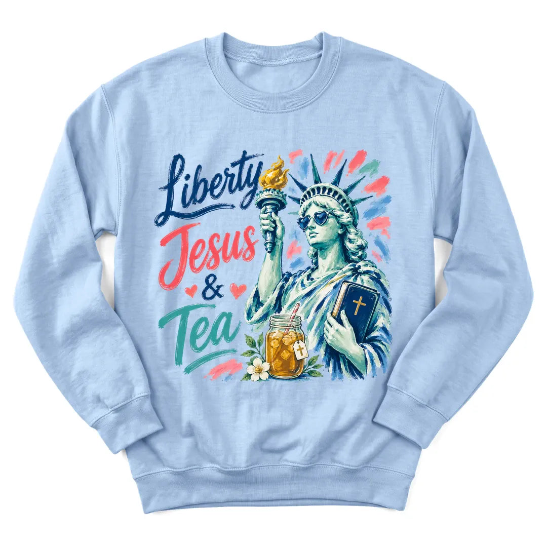 Liberty Jesus and Sweet Tea sweatshirt with patriotic and tea design - Light Blue