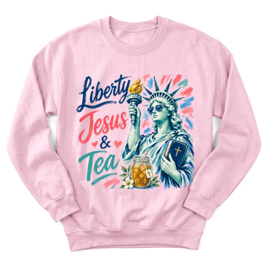 Liberty Jesus and Sweet Tea sweatshirt with patriotic and tea design - Light Pink