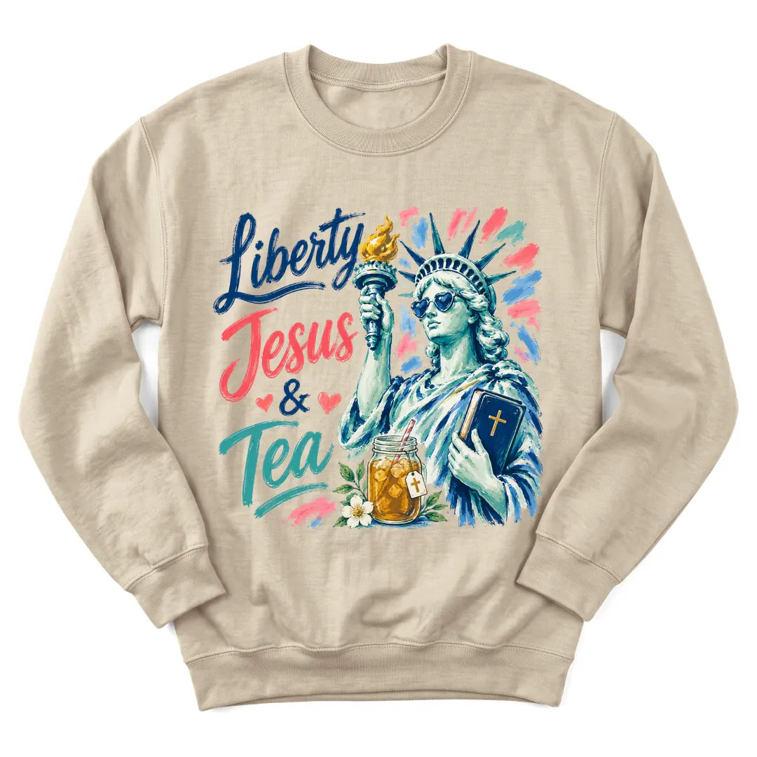 Liberty Jesus and Sweet Tea sweatshirt with patriotic and tea design - Sand