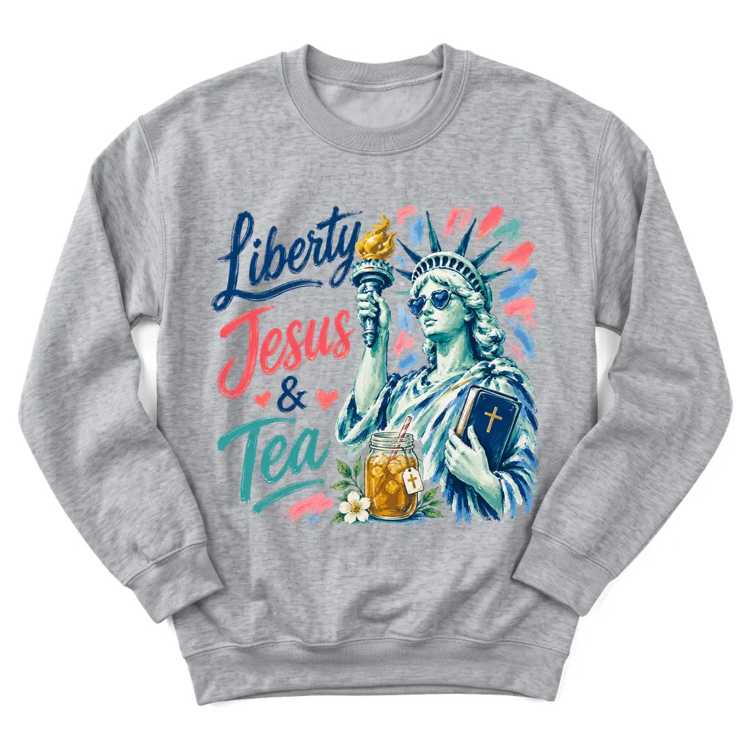 Liberty Jesus and Sweet Tea sweatshirt with patriotic and tea design - Sport Grey