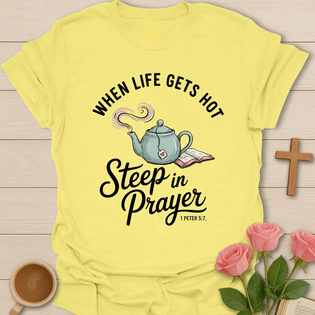 Life Gets Hot Christian t-shirt with faith-inspired tea lettering design - Cornsilk