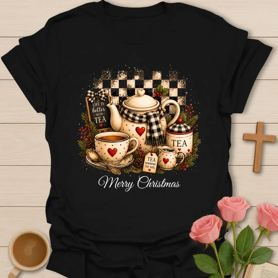 Life Is Better Christmas shirt with cheerful holiday tea lettering - Black