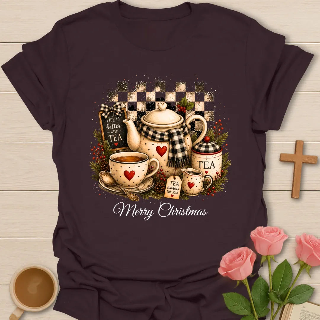 Life Is Better Christmas shirt with cheerful holiday tea lettering - Dark Chocolate