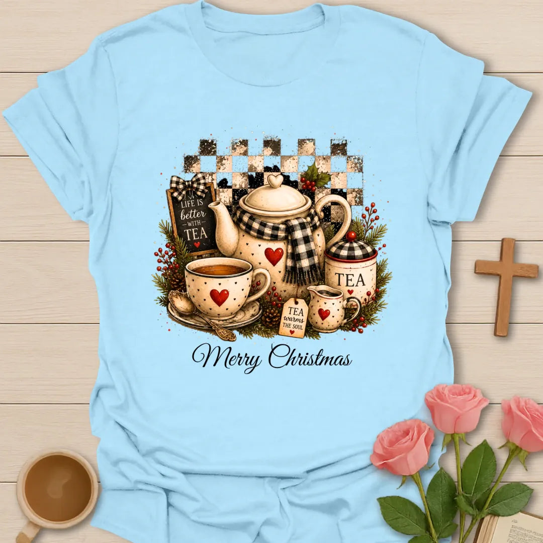 Life Is Better Christmas shirt with cheerful holiday tea lettering - Light Blue