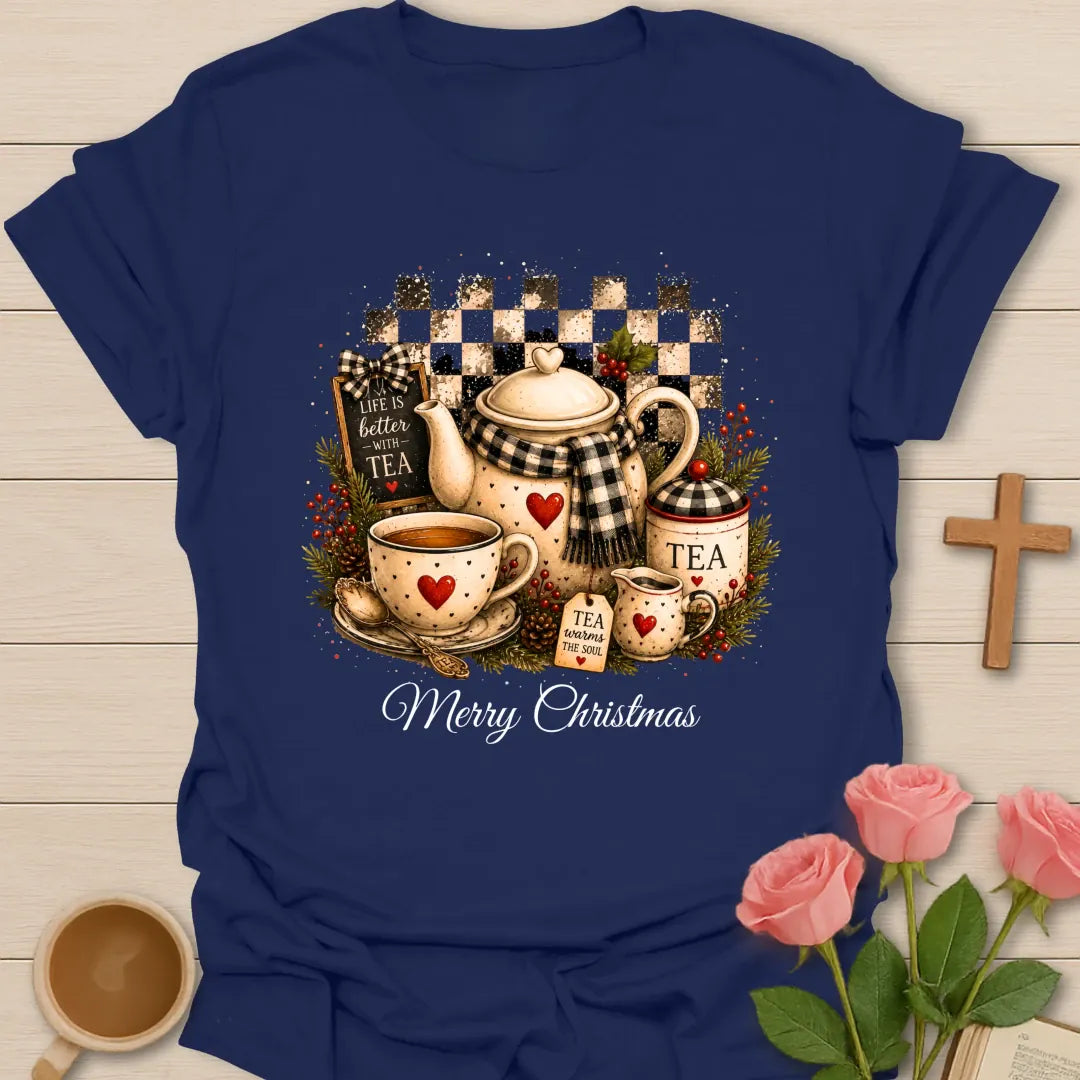 Life Is Better Christmas shirt with cheerful holiday tea lettering - Navy