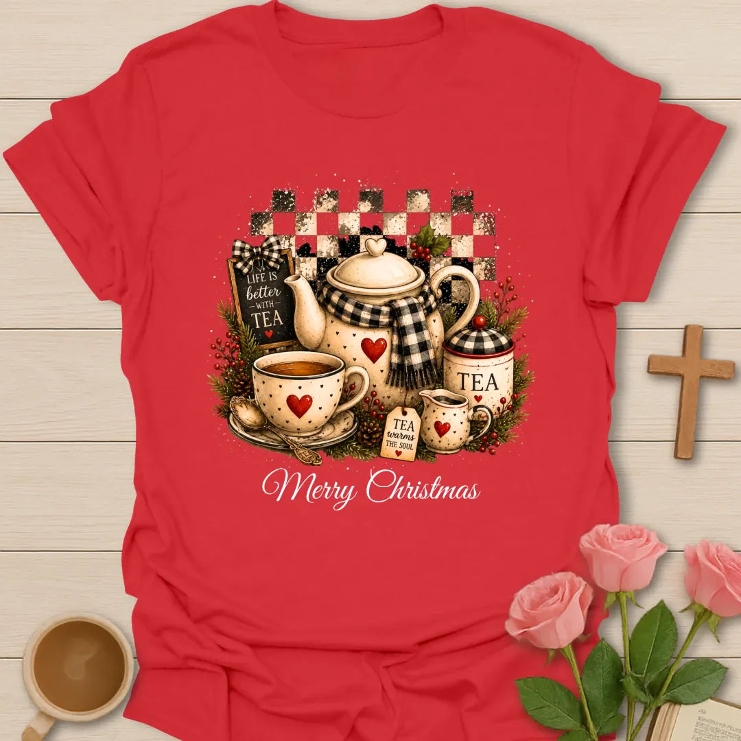 Life Is Better Christmas shirt with cheerful holiday tea lettering - Red