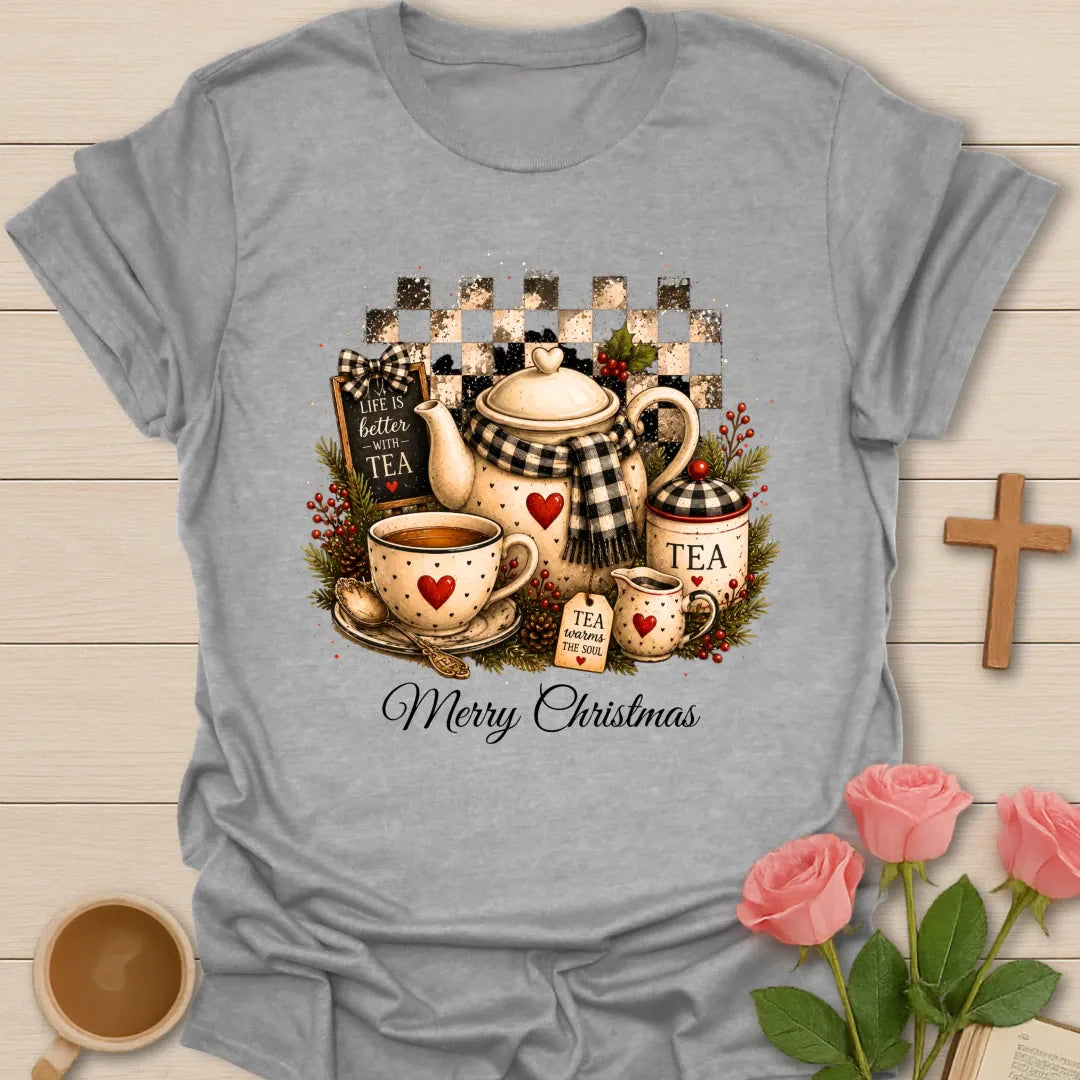 Life Is Better Christmas shirt with cheerful holiday tea lettering - Sport Grey