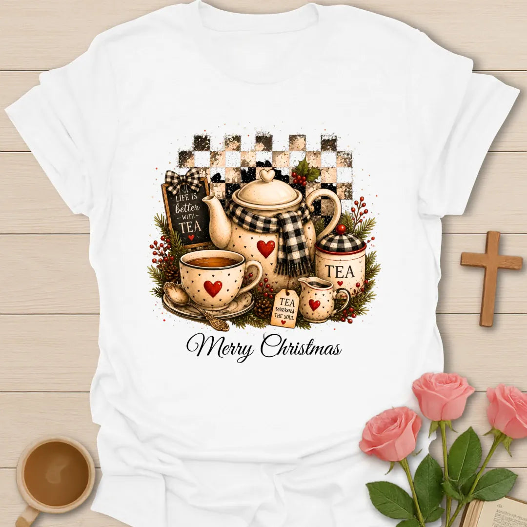 Life Is Better Christmas shirt with cheerful holiday tea lettering - White